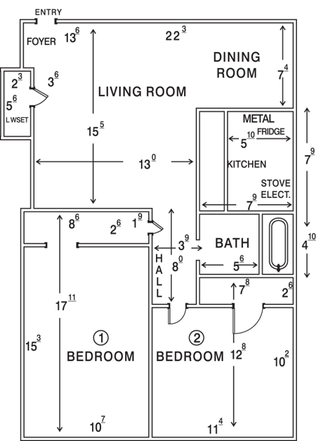 Floor plan for 2 beds, 1 bath, 700 sqft